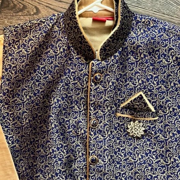 Mens navy and gold Nehru jacket set - Picture 2 of 5